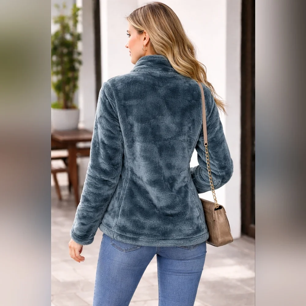 32 Degrees Heat Plush Faux Fur Zip Jacket Cozy Hunter Green XS Soft Stand Collar